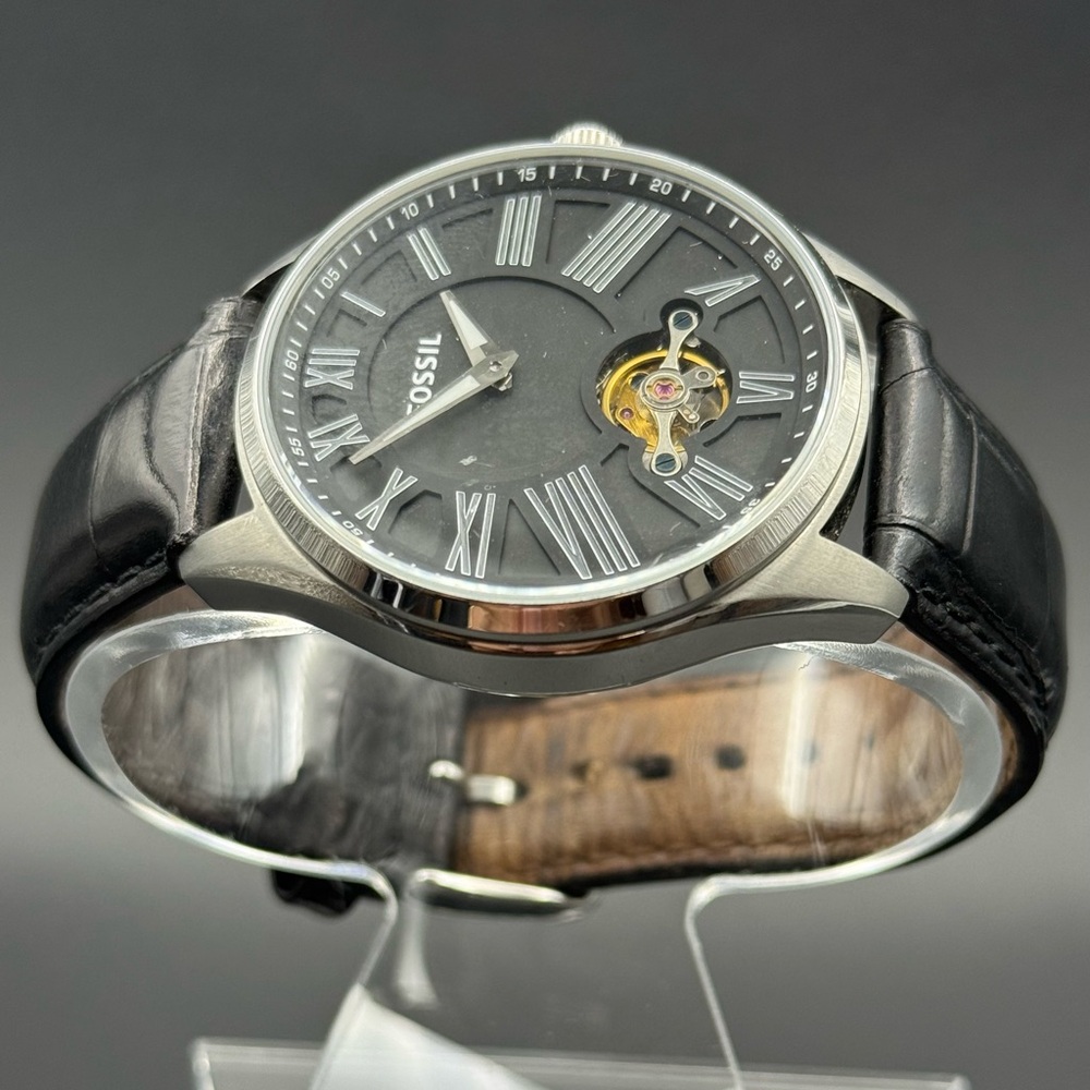 Fossil BQ1141 Automatic Silver Case Black Dial Skeleton Dial Men's Watch 46mm